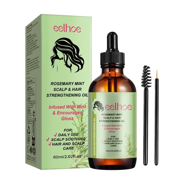 el aceite esencial para el cuidado del cabello de romero eelhoe repara el aceite esencial para el cuidado del cabello seco, encrespado y suave,1 piezas Vista frontal de botella ámbar con cuentagotas y caja verde EELHOE; etiqueta en inglés 'rosemary mint scalp & hair strengthening oil', incluye cepillo spoolie y aplicador fino; fórmula con aceite de ricino hidrogenado y extracto de menta indicada para fortalecimiento del cabello y apoyo al crecimiento, adecuada para aplicación precisa en áreas de adelgazamiento.