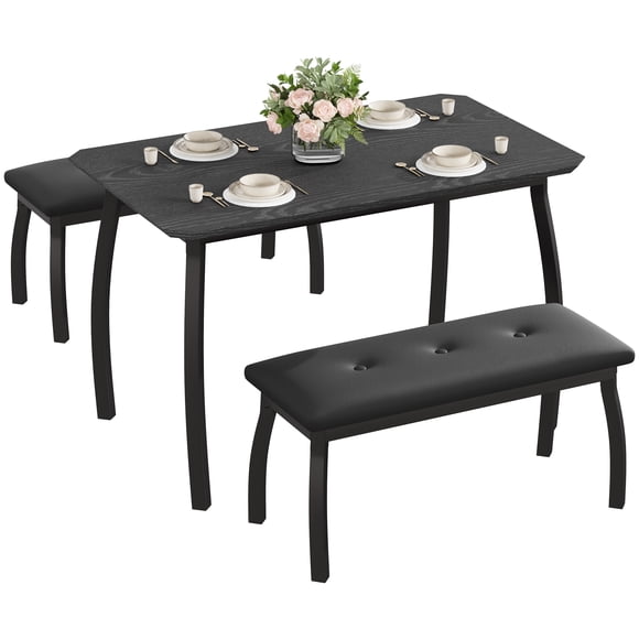 Juego de comedor moderno para 4 personas - Mesa rectangular con tablero de madera y estructura metálica