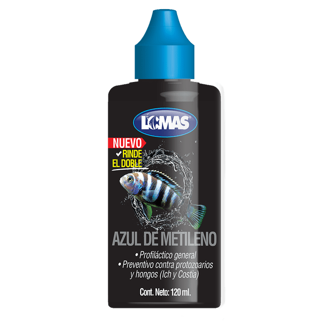 azul de metileno 120 ml Lomas botella plástica negra con tapa dosificadora azul, vista frontal centrada; etiqueta con logo Lomas, texto 'AZUL DE METILENO', ilustración de pez y leyenda de usos profilácticos contra protozoarios y hongos, contenido neto 120 ml; a menudo usado como colorante en trabajos de arte y laboratorio.