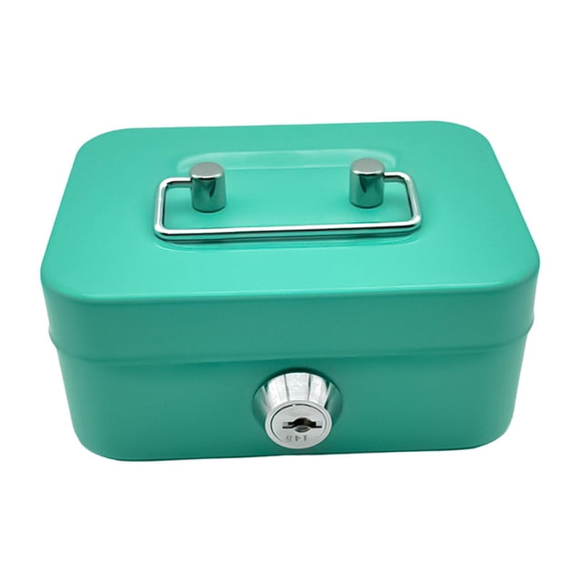 caja de dinero con cerradura, caja de seguridad con llave, caja de tesoro para niñas y niños verde Caja metálica rectangular verde, vista frontal centrada con cerradura circular en el frente y mango de metal plegable en la tapa; esquinas redondeadas, superficie lisa y tamaño compacto (11.5×9.6×5.8 cm), ideal como alcancía, caja de recuerdos o decoración infantil.