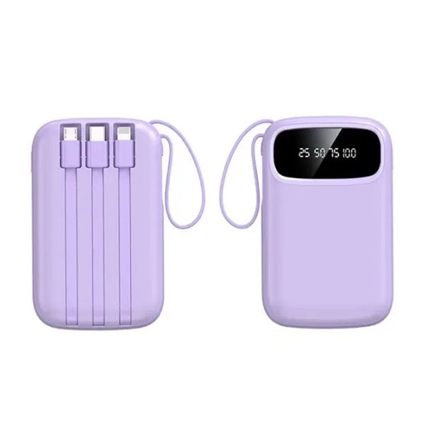 Mini Power Bank Genérico PB20000 Portátil Morado 20000mAh 4 Cables USB Tipo Clet LED