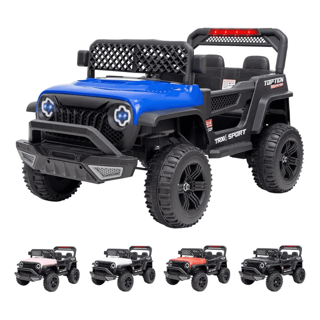 carro eléctrico jeep niño montable infantil control remoto color azul jeep montable azul con volante y pedal operables, puertas abatibles, faros LED, asientos para dos y ruedas todoterreno; incluye control remoto, Bluetooth y puerto USB‑C; a menudo usado para juegos al aire libre en patio o parque.