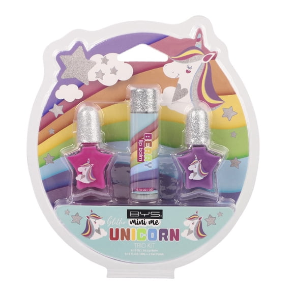 Set infantil Bys Mini Me Unicornio son 2 esmaltes en forma de estrella y un lip balm con tapita gliter