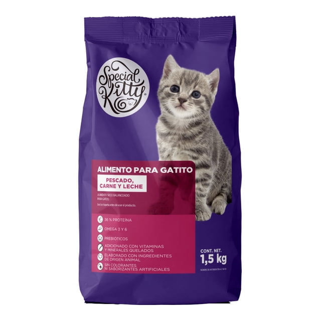 alimento para gato special kitty gatito pescado, carne y leche 1.5 kg bolsa frontal morada, vista centrada con gatito gris; logo Special Kitty arriba, recuadro rojo que indica "Alimento para gatito" y texto de beneficios legible: 36% proteína, omega 3 y 6, prebióticos y contenido neto 1.5 kg.