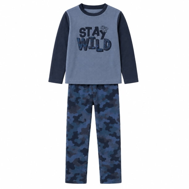 Simply Basic Set Pijama para Niño, Manga Larga Camuflaje Azul Talla 4, 2Piezas