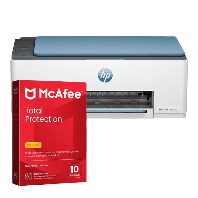 multifuncional hp 585 smart tank todo en uno a color y antivirus mcafee licencia digital impresora blanca frontal con tapa superior azul y logotipo HP, ranura de salida de papel abierta; caja roja de McAfee Total Protection en primer plano que indica la licencia digital, con tanque de tinta inteligente, impresión a color, copia y escaneo y conectividad USB 2.0 y Wi‑Fi.