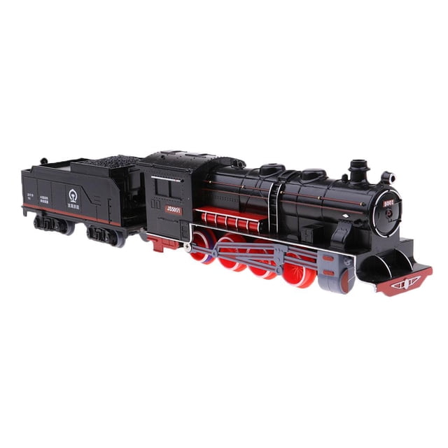 juguete del tren del vehículo de los niños, modelo del tren de vapor, modelo de la locomotora de vapor, modelo del tren de simulación, locomotora de vapor del tren, juguete de la locomotora Como muestra la imagen: locomotora retro de plástico con detalles rojos y vagón de carbón acoplable, vista lateral 3/4; locomotora 19 cm y vagón 11 cm, adecuado como adorno o regalo para niños.