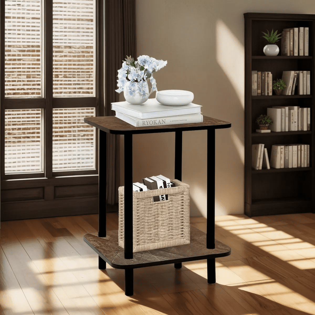 Mesa Centro Minimalista Madera Lateral Doble Repisa 40cm Gris Marmoleado