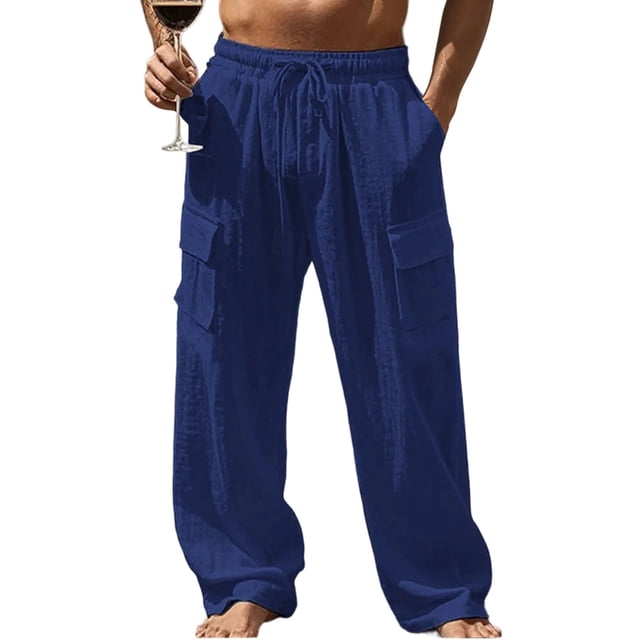 Amzcrzy Mens Linen Pants Comfortable Elastic Waist Drawstring Trousers for Men Summer Casual Relaxed Fit Beach Yoga Pants Lightweight Baggy Wide Leg Pants for Men with Flag Label S-3XL Azul