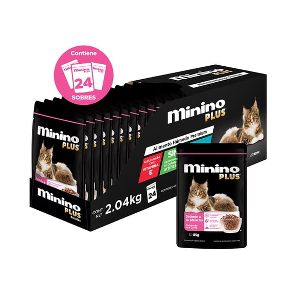 Alimento para gato Minino Plus salmon 24 pzas