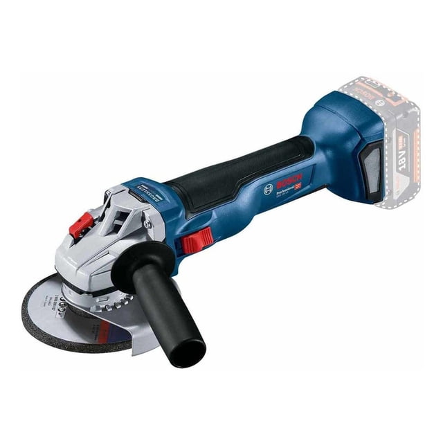 mini esmeril amoladora bosch 5 in sin batería sin cargador gws 18v-10 heavy duty Herramienta angular compacta Bosch en vista lateral 3/4 con empuñadura delantera negra y cuerpo amarillo, disco de 5 pulgadas visible, cabezal metálico plateado, gatillo y seguro rojos, portabatería vacío sobre fondo blanco; a menudo se usa para desbaste y cortes ligeros en talleres domésticos.