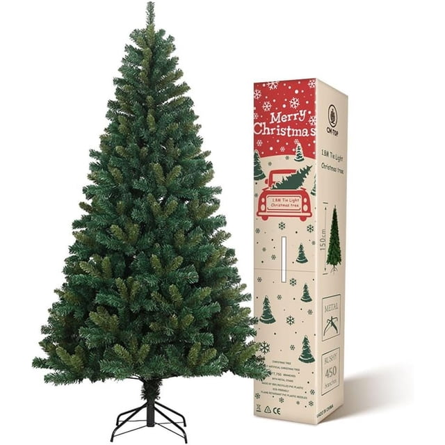 árbol de navidad artificial cm-top montaje rápido pino de navidad 180 cm 800 ramas soporte de metal verde; vista frontal completa con copa cónica y follaje denso, base metálica plegable visible y caja de embalaje decorativa a la derecha; a menudo usado para decorar salas y comercios pequeños.