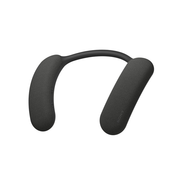 sony bravia theatre u altavoz inalámbrico para tv con bluetooth, audio de cine en casa personalizado, compatibilidad con juegos, micrófono incorporado, duración de batería de 12 horas, resistente a sa banda para el cuello portátil en vista frontal 3/4: estructura en U con dos almohadillas alargadas acolchadas gris oscuro, superficie texturizada y logo Sony en una almohadilla; conexión posterior flexible y puerto USB-C visible; fondo blanco neutro. Adecuado para sonido 360 Spatial Sound y uso personal al jugar o ver películas.
