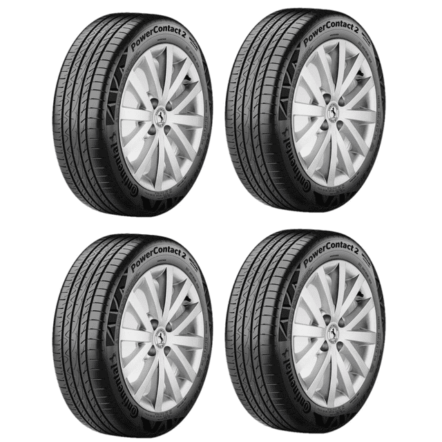 paquete de 4 llantas - 195 65 r15 continental powercontact2 91h Paquete de cuatro neumáticos Continental PowerContact 2 195/65 R15 91H, cuatro vistas en 3/4 frontales que muestran dibujo de banda de rodamiento simétrico con cuatro ranuras longitudinales y ranuras laterales, flancos con logotipo Continental legible y perfil de neumático visible; opción habitual para reemplazo de llantas en autos compactos.
