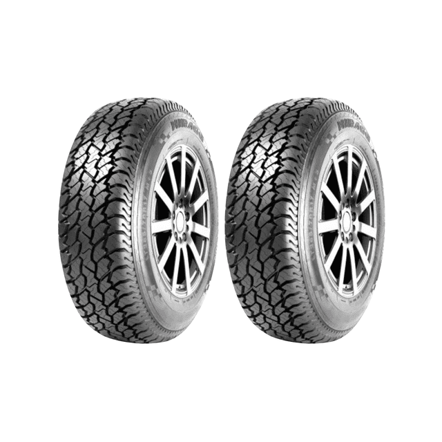 paquete de 2 llantas 245/75 r16 mirage mr-at172 vt 111s vista 3/4 frontal de dos neumáticos negros montados en rines plateados; banda de rodamiento todoterreno con bloques y ranuras oblicuas visibles; flancos con texto Mirage legible; fondo neutro blanco. También suelen usarse como juego de repuesto para viajes fuera de carretera por su perfil todoterreno.