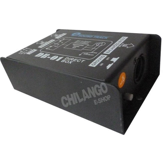 caja directa de audio soundtrack pro db 01 Negro, vista 3/4 frontal de una caja DI metálica rectangular con acabado negro y rótulos blancos en la tapa que muestran un diagrama; con conector XLR y entrada jack visibles en el lateral y un botón naranja pequeño. Su tamaño compacto la hace adecuada para uso en interfaces y escenarios pequeños.