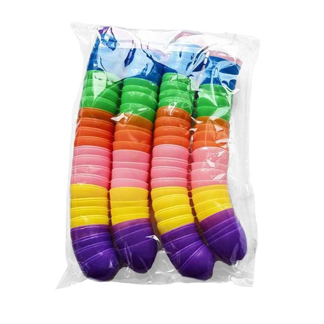 huevos de pascua rellenables, rellenos para cestas de pascua, juguetes decorativos, recuerdos de fiesta temáticos, decoración para manualidades, bodas 50 piezas Paquete sellado con 50 huevos de PP apilados en columnas; cada huevo con franjas de color sólido (púrpura, amarillo, rosa, naranja, verde, azul). Vista frontal, tamaño aproximado 6 x 4 cm, orificio inferior para rellenar y colgar; ideales para rellenar con dulces, confeti o usar en manualidades y decoración de eventos.