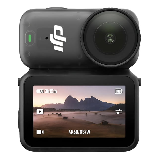dji osmo nano 128 gb cámara de acción negra, vista frontal con lente grande y logotipo DJI en el módulo superior y pantalla táctil inferior que muestra live view '4K60/RS/W' y tiempo de batería; diseño magnético y compacto con estabilización integrada, ideal para grabación manos libres y suele usarse para vlogs de viaje.