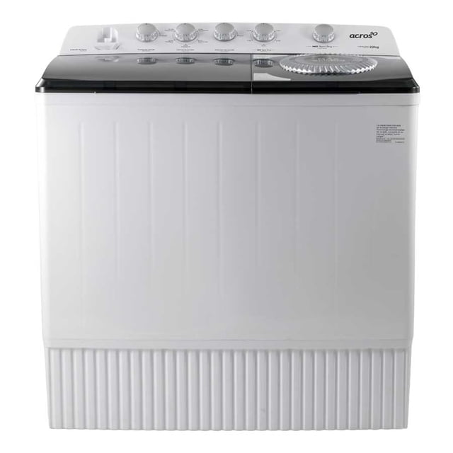lavadora semiautomática 22kg dos tinas max capacity ald2245se ACROS, vista frontal centrada de doble tina blanca con panel superior gris y perillas giratorias, tapa transparente y plato de centrifugado visible; diseñada para lavado rápido con capacidad 22 kg y controles MAX Spin Dry; permite abrir la tapa para agregar prendas y reanudar el ciclo; suele usarse también para lavar cobijas o prendas voluminosas.