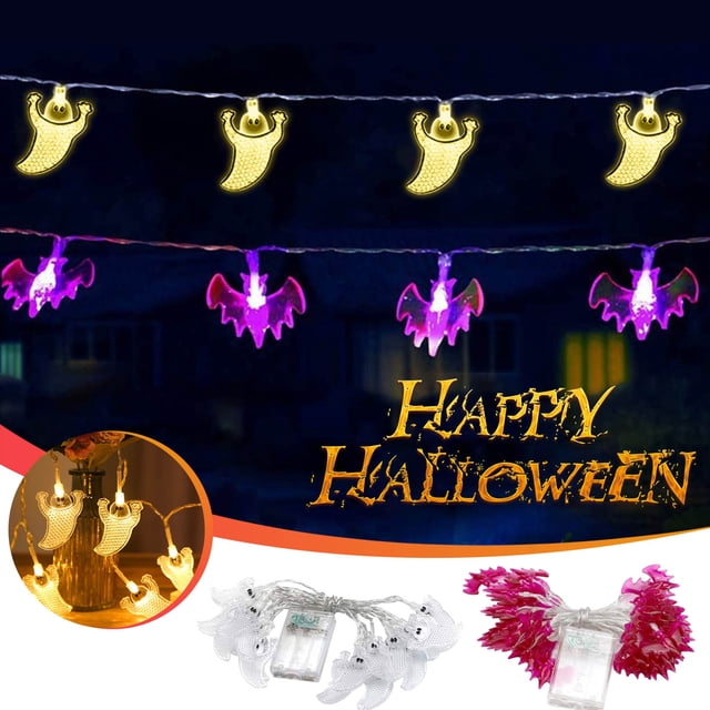 xihbxyly guirnalda de luces de halloween con forma de calabaza, fantasma y murciélago, 40 led a pilas, diseño impermeable, decoración para interiores y exteriores, ambiente espeluznante para fiestas. Vista frontal de tiras colgantes con fantasmas blancos iluminados en luz cálida y murciélagos en luz morada, cables transparentes y caja de control de pilas visibles; luces LED decorativas para porches o salas con fondo nocturno difuminado.