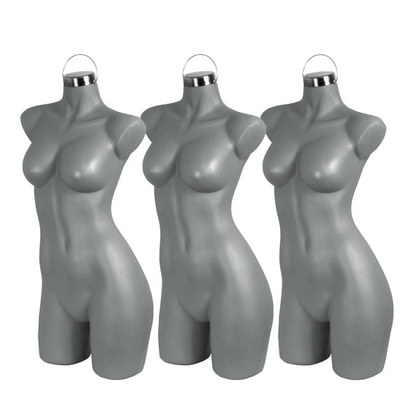 Atmos Homeware Maniquí de Dama | Exhibidor de Mujer 3/4 de Plástico de Alta Resistencia con Aro Metálico | Cuerpo Femenino para Ropa y Accesorios | Paquete de 3 Piezas color Gris