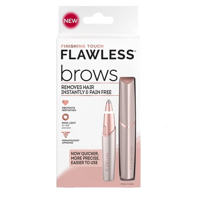 finishing touch flawless depiladora cejas brows 4.0 Rose Gold empaque frontal que muestra la depiladora eléctrica rose gold con cuerpo cilíndrico y cabezal fino de precisión, iconos de luz LED y aprobación dermatológica en el frente, texto en inglés y fondo blanco; ideal para retoques rápidos y portátil para llevar de viaje.