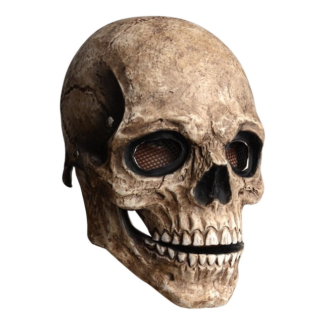 máscara de calavera sunnimix para halloween tocado de esqueleto máscara de látex color ligeramente amarillo con textura envejecida y moteada, vista frontal centrada que muestra mandíbula móvil integrada, aberturas para respirar y ajuste para adulto (22 x 30 x 23 cm); adecuada para carnaval, fiestas de disfraces y sesiones fotográficas, a menudo usada también como accesorio decorativo.