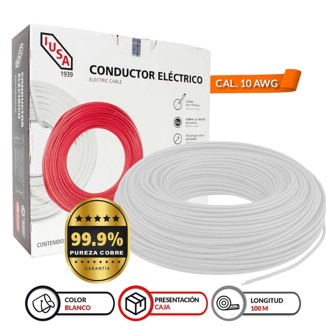 alambre thw-ls/thhw-lscerohs 10awg blanco iusa Cable eléctrico 10 AWG IUSA en bobina blanca, conductor de cobre suave con aislamiento termoplástico PVC visible y caja de presentación IUSA al fondo; se instala fácilmente en ducto o conduit para uso interior y exterior, y a menudo se usa en conexiones de luminarias y circuitos generales.