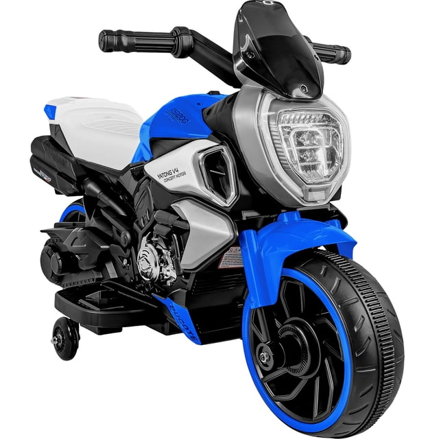 moto eléctrica montable little monkey azul 6v luces musica usb — 3/4 frontal de moto infantil montable azul con acabado brillante, asiento blanco, manillar negro y faro LED delantero; rueda delantera ancha con aro azul y ruedas de apoyo laterales; paneles plásticos y detalles metálicos visibles. Especificaciones: batería 6V recargable, velocidad 3–6 km/h, para 3–6 años. Ideal como moto para niños para juego al aire libre.