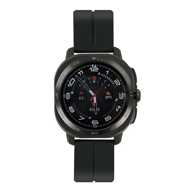 smartwatch stf kronos infinity amoled 1.43" llamadas — vista frontal centrada del reloj inteligente negro STF Kronos Infinity con pantalla AMOLED 1.43" (466 x 466 px) encendida, esfera analógica-digital, bisel metálico con marcadores numéricos, correa de silicón negra con ranura central y dos botones laterales; muestra iconos de ritmo cardiaco y temperatura, resistencia 3ATM, apto para contestar llamadas desde la muñeca y seguimiento deportivo o de viaje corto.