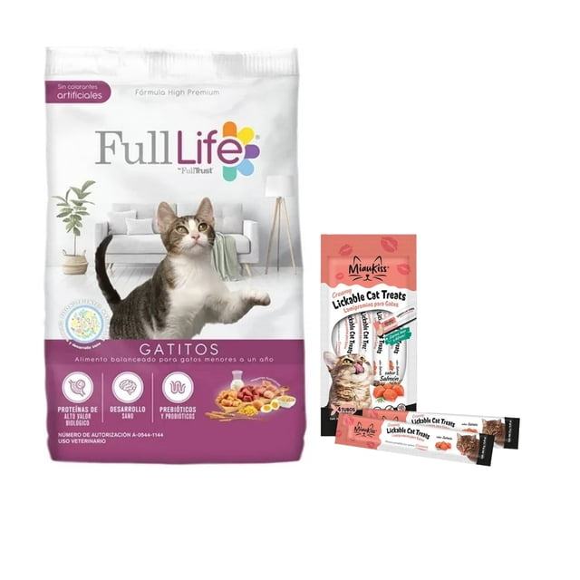 full life gatitos 1.3 kg + miaukiss lickable salmon 4 pack 56gr bolsa frontal de Full Life Gatitos 1.3 kg blanca y morada con un gatito atigrado en primer plano, logotipo FullLife y pictogramas que indican proteínas de alto valor y prebióticos; a la derecha empaque rosa de MiauKiss Lickable Salmón con cuatro sobres visibles, opción para hidratación extra y como snack húmedo ocasional.