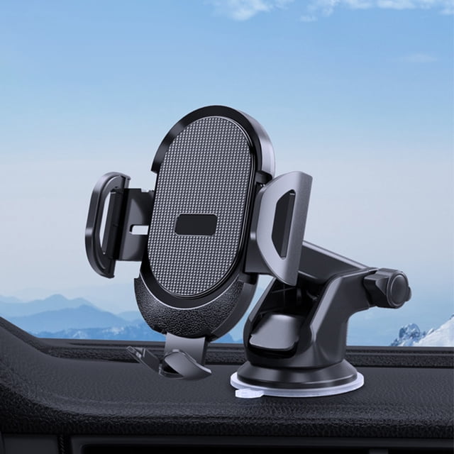 soporte para teléfono móvil de coche súper estable con gancho mejorado, color negro; vista frontal centrada de un soporte con base ventosa y brazo articulado, abrazaderas laterales ajustables, almohadilla texturizada antideslizante en el panel de sujeción y gancho inferior, mostrado montado sobre el tablero del auto con fondo de paisaje; también suele usarse para sujetar dispositivos pequeños durante viajes.