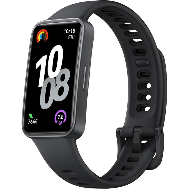 smartband huawei band 10 - negro vista frontal en 3/4 de una smartband ultradelgada con caja metálica negra mate y correa ventilada de fluoroelastómero negra, pantalla rectangular muestra grandes números blancos, anillos de actividad y pequeños íconos; botón lateral visible, 8.99 mm de grosor y 15 g de peso, resistente hasta 50 m y diseñada para seguimiento deportivo, sueño y salud emocional; también suele usarse para recibir notificaciones y monitoreo rápido durante viajes.