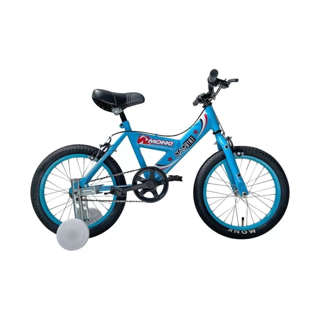 bicicleta infantil monk starbike r16 azul claro, vista lateral 3/4 derecha con cuadro azul claro y logos Monk/Starbike, sillín negro ajustable, manubrio con puños negros, frenos V-brake delantero y trasero visibles, llantas negras con borde azul, neumáticos con dibujo y ruedas de entrenamiento instaladas sobre fondo blanco; también adecuada para practicar equilibrio en patios o parques.