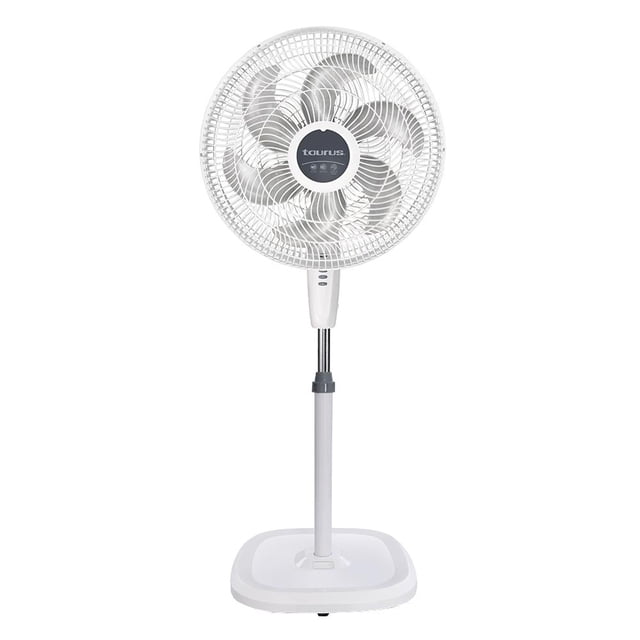 ventilador de pedestal y pared taurus de 18 pulgadas sputnik blanco, vista frontal centrada con rejilla plástica aerodinámica y 6 aspas, mástil telescópico y base cuadrada, panel central con logo Taurus y controles de 3 velocidades, amplia oscilación e inclinación ajustable; a menudo usado como ventilador portátil de piso para habitaciones pequeñas.