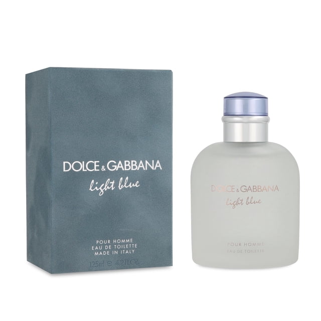 light blue 125ml edt spray dolce & gabbana dolce & gabbana Frasco esmerilado blanco de 125 ml con tapa azul claro y caja azul grisácea a la izquierda, vista frontal que muestra el logo Dolce & Gabbana y la leyenda light blue; fragancia cítrica aromática para caballero que suele emplearse como colonia de día.