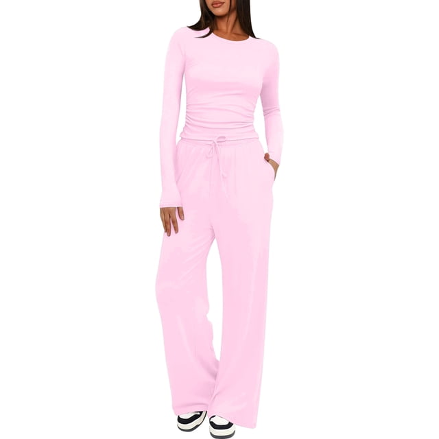 Conjuntos de 2 Piezas para Mujer, Conjuntos de Otoño, Chándales de Larga y Pierna , Conjuntos Casuales para Estar en Casa, Conjuntos A Juego. Rosa S