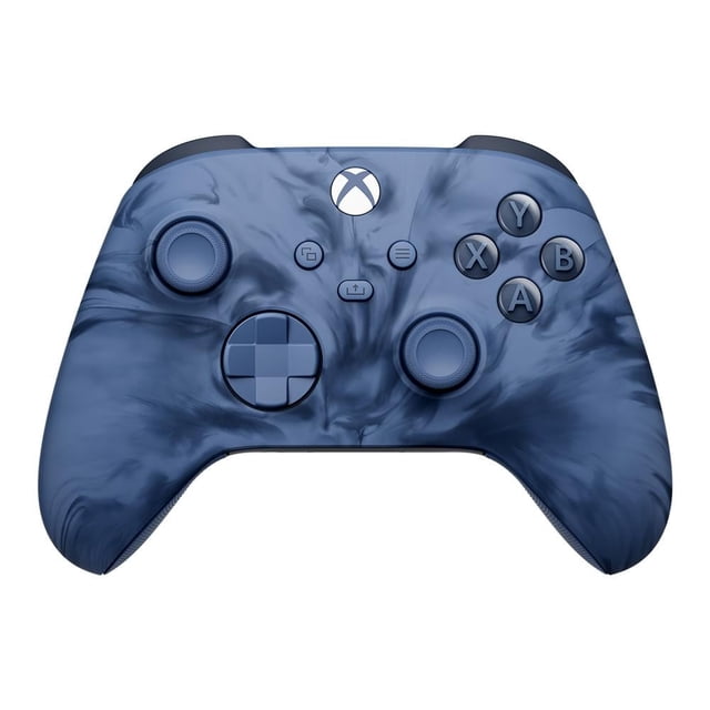 control inalámbrico xbox microsoft stormcloud vapor con diseño remolino azul, frontal centrado con joysticks duales, pad direccional híbrido, botones A B X Y y botón para compartir; incluye tecnología inalámbrica Xbox y Bluetooth, agarres de goma con patrón de diamante y gatillos texturizados; adecuado para juego en consola, PC y móviles.