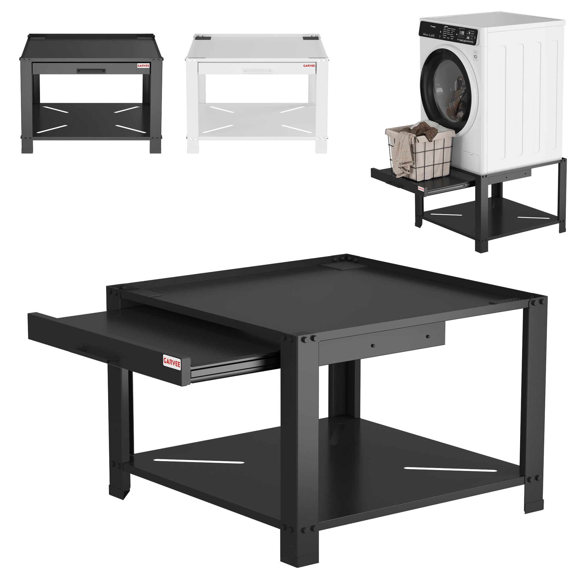 Yeshouse Soporte para lavadora y secadora de metal resistente de 73 cm con estante extraíble, pedestal universal antivibración y almacenamiento en la base, capacidad de 362 kg