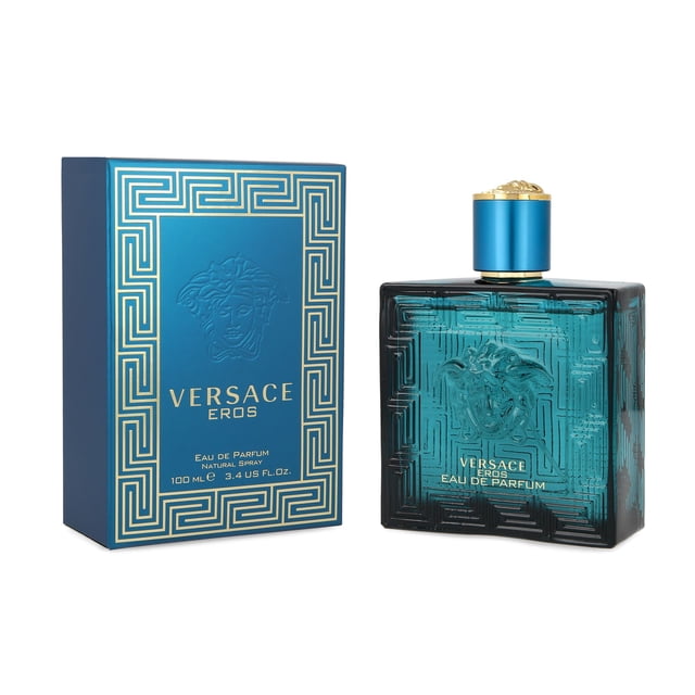 eros versace 100 ml edp spray botella cuadrada de vidrio azul verdoso con relieve de la cabeza de Medusa y tapón cilíndrico azul con borde dorado; incluida su caja azul con patrón geométrico dorado y logotipo Versace, contenido 100 ml.
