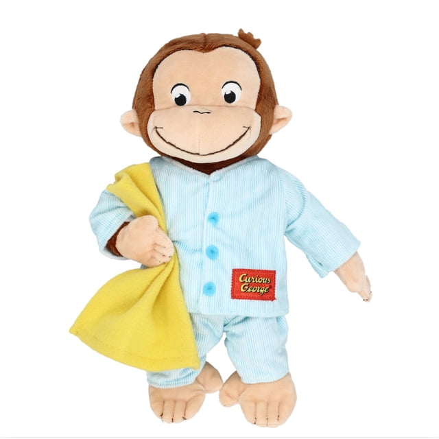 pijama de peluche KIDS PREFERRED Curious George, 30 cm multicolor - peluche mono frontal con pijama azul claro a rayas y tres botones, etiqueta roja 'Curious George' en la camiseta, sosteniendo manta amarilla; felpa suave, ojos y boca bordados, expresión sonriente, regalo y compañero para bebés y niños pequeños.