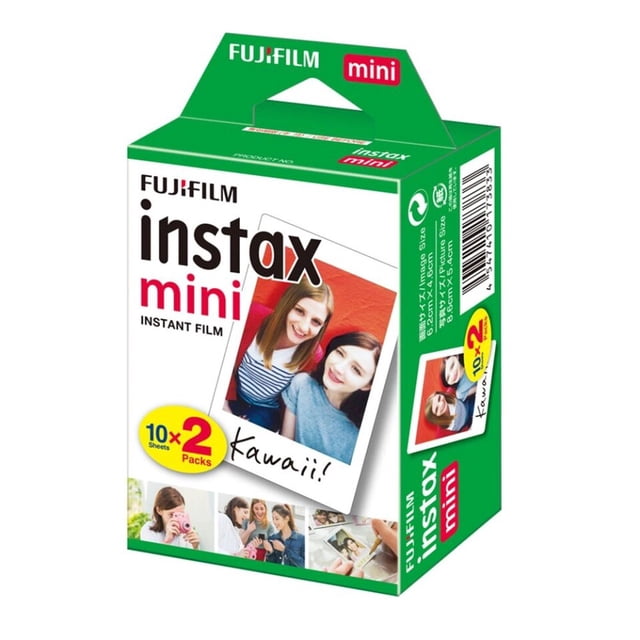 película irfora fujifilm instax mini 20 hojas de película blanca papel fotográfico álbum de instantá fujifilm 5 generación Caja verde en vista 3/4 con etiqueta 'instax mini', indica 20 hojas (10 x 2 packs), muestra de foto instantánea con borde blanco y pequeñas imágenes promocionales en la base.