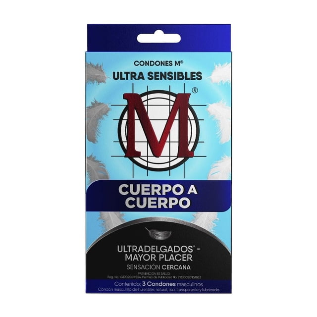 condones m ultra sensible cuerpo a cuerpo 3 pzas paquete frontal celeste y azul con logo rojo M centrado sobre una diana, banda azul con texto "CUERPO A CUERPO" y franja inferior negra que lee "ULTRADELGADOS - MAYOR PLACER"; contenido según título: 3 piezas.