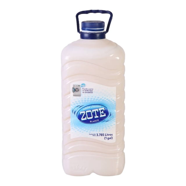 jabón para ropa líquido zote 3.78 lt galón blanco con asa, envase plástico translúcido de 3.785 litros y etiqueta azul ZOTE, frontal centrado en fondo blanco; según la ficha, formulado para algodón, lana y fibras sintéticas y biodegradable; suele usarse también para llevar en viajes o lavandería móvil.