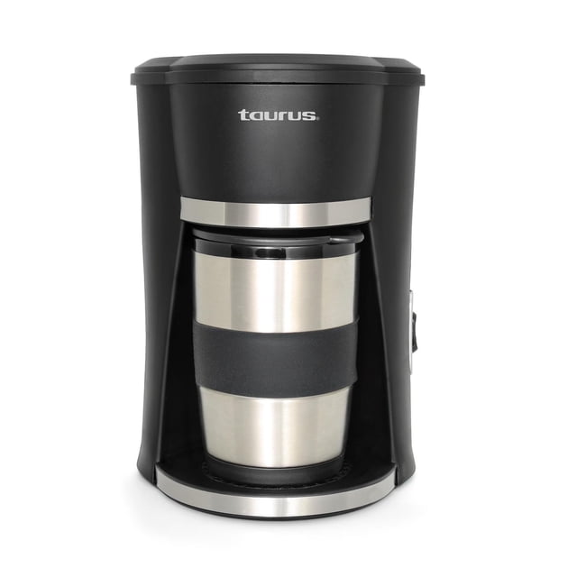 cafetera taurus sedna con termo para 1 o 2 tazas negro Vista frontal centrada de la cafetera Taurus Sedna 2000 en negro con termo de acero inoxidable (0,3 L) para 1–2 tazas en la base, cuerpo compacto con logotipo taurus, banda antideslizante negra en el termo, detalles en metal cepillado y filtro permanente removible visible; adecuada para preparar café filtrado rápidamente en casa u oficina.