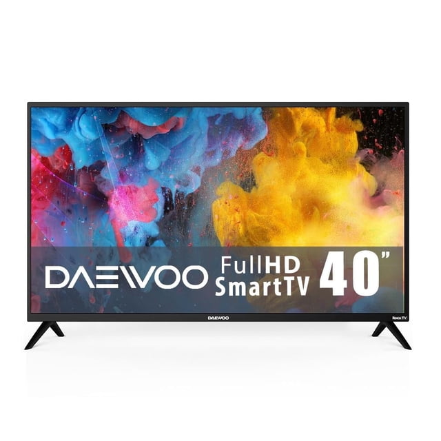 tv daewoo 40 pulgadas full hd smart tv led daw40r televisor LED negro 40" (1366 x 768) vista frontal con soporte en V, marco delgado y logo Daewoo en el bisel inferior; pantalla muestra gráficos coloridos y rótulo Roku TV, pensado para streaming y videojuegos y también usado frecuentemente como monitor multimedia para reuniones o consola de entretenimiento.