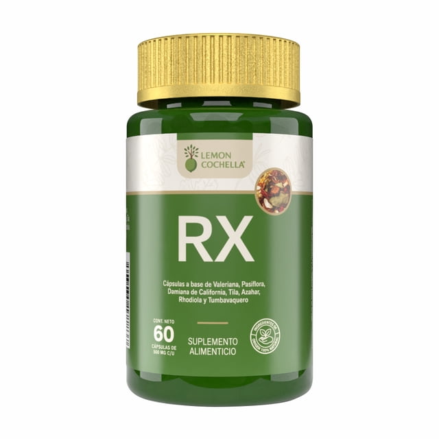 rx - capsulas a base de valeriana, pasiflora 60 capsulas frasco frontal de LEMON COCHELLA con etiqueta verde y tapa dorada, texto grande 'RX', leyenda 'suplemento alimenticio' e ícono de plantas, indica contenido neto 60 cápsulas; suplemento herbal común en vitaminas y suplementos.