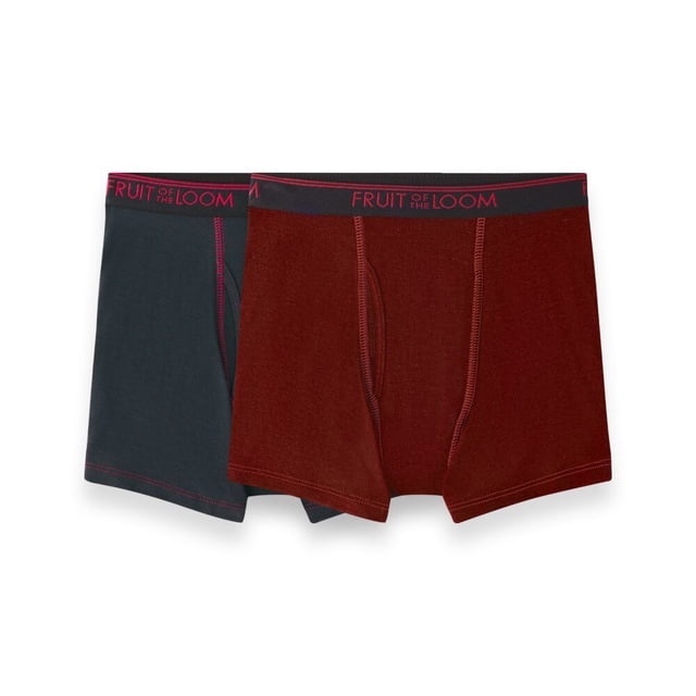 bóxer fruit of the loom para niño, true comfort 2 piezas par multicolor, vista frontal centrada con dos bóxers superpuestos — uno granate y otro gris oscuro — pretina negra con logo Fruit of the Loom en rojo, costuras en contraste, silueta corta tipo boxer, tejido liso que indica elasticidad 360 y absorción de humedad; también suele usarse como opción cómoda de ropa interior para viajes y colegio.
