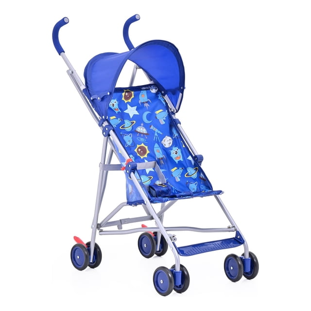 carriola de bastón prinsel sorel trip ligera azul espacial, carriola tipo paraguas con armazón plateado y asiento azul estampado de planetas y estrellas, techo extensible semicircular, empuñaduras curvas de plástico suave, cinturón de seguridad visible, reposapiés integrado, ruedas dobles delanteras y traseras con freno trasero, plegado compacto; medidas 92 cm alto x 72 cm largo x 41 cm ancho, peso 6 kg, recomendada para niños de 1 a 3 años; adecuada para salidas cortas por su ligereza.