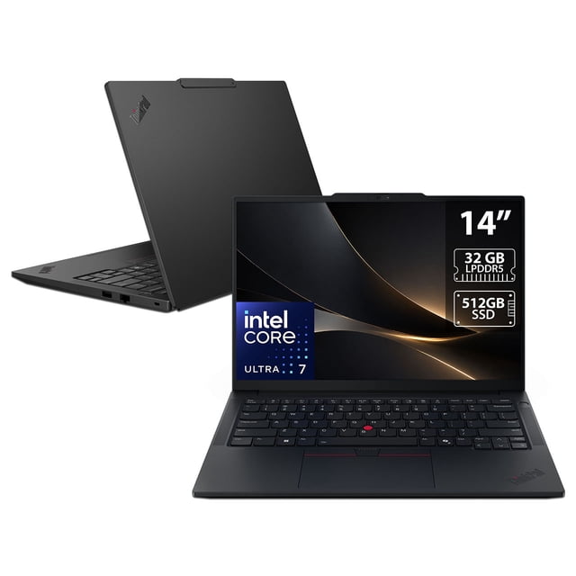 laptop lenovo thinkpad e14 g7: core ultra 7 258v, ram 32gb lpddr5, ssd de 512gb, pantalla ips de 14" led wuxga (1920 x 1200), video intel arc graphics, teclado en español, s.o. windows 11 pro. Vista 3/4 frontal y trasera, portátil negro con carcasa mate; pantalla abierta con rótulos de 14", 32GB y 512GB visibles, teclado en español con trackpoint rojo y touchpad. Diseñada para productividad y movilidad; su formato compacto suele usarse también como estación portátil para tareas de desarrollo o edición ligera.